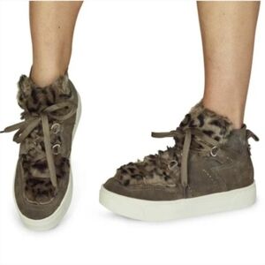 Naked Feet Evolution Platform High Top Sneaker Brown Leather Faux Fur(7.5) NWOT
